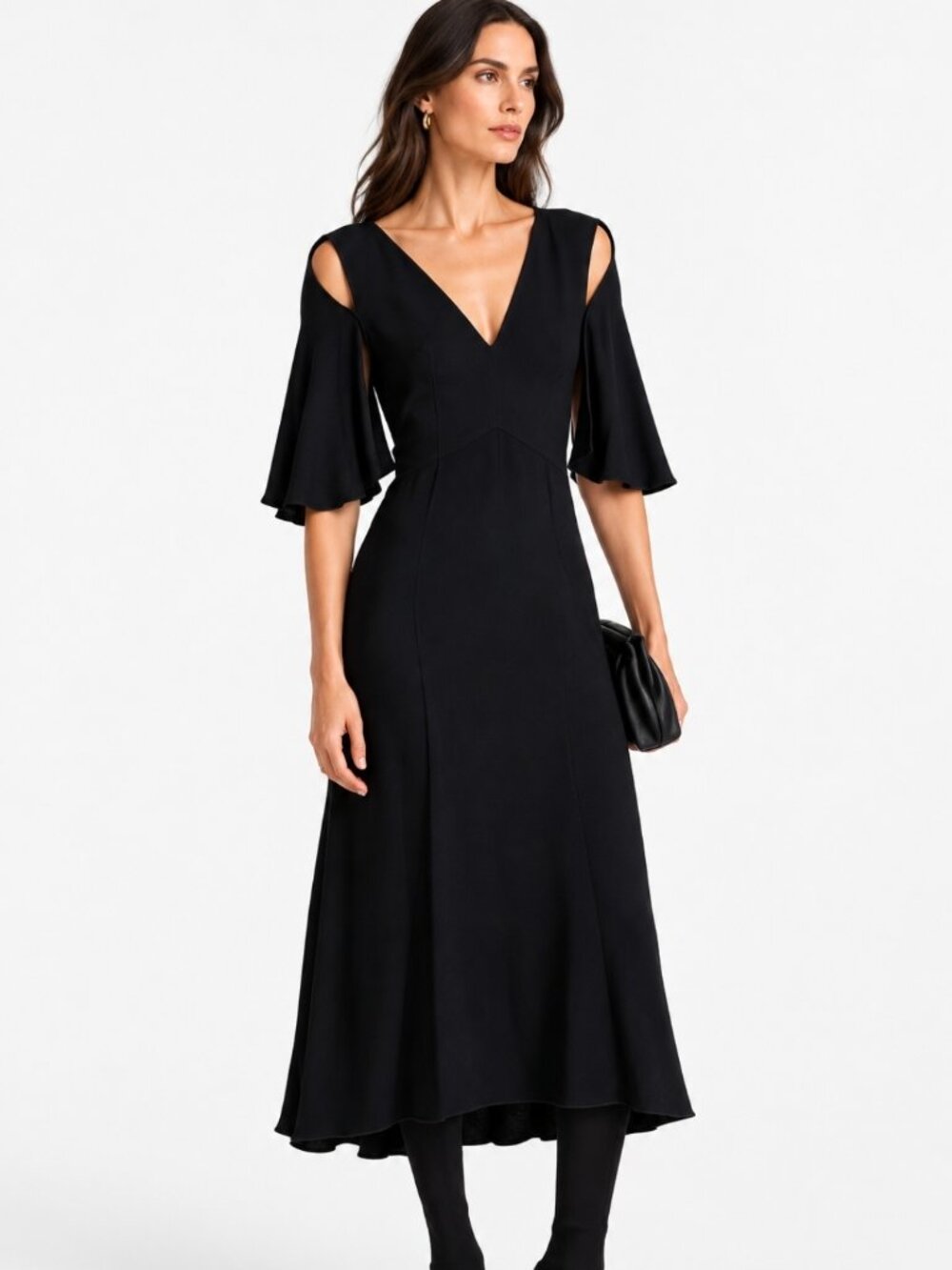 Victoria Beckham Black Cold Shoulder Cape Sleeve Crepe Midi Dress US 8